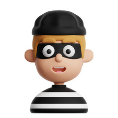 3D cartoon thief character, dressed in a mask and striped outfit, isolated on a transparent background. Burglar avatar icon, representing crime or stealth.
