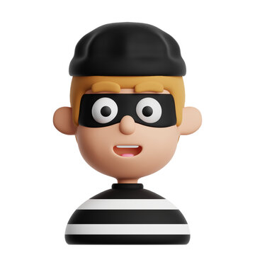 3D cartoon thief character, dressed in a mask and striped outfit, isolated on a transparent background. Burglar avatar icon, representing crime or stealth.