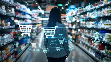 The Future of Shopping: A woman walks through a supermarket aisle, surrounded by futuristic shopping cart icons and digital elements. - Powered by Adobe