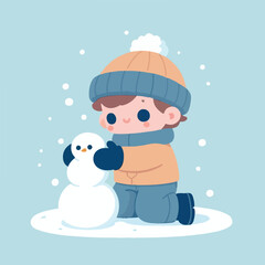 vector image of little boy playing in the snow in winter