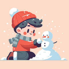 vector image of little boy playing in the snow in winter