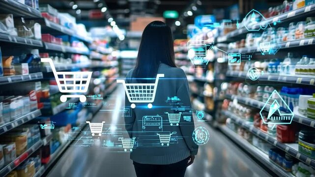 The Future of Shopping: A woman walks through a supermarket aisle, surrounded by futuristic shopping cart icons and digital elements.