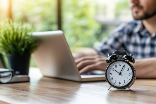 A person typing on a laptop with an alarm clock and a plant nearby.