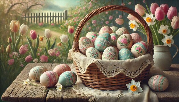 Vintage-Ostern: Fr&uuml;hlingsidylle mit Osterkorb und Blumengarten