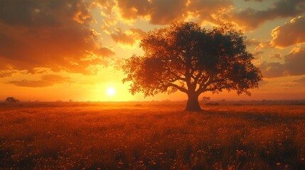 Sunset, lone tree, orange field, fiery sky.