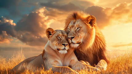 Lions resting together on savanna at sunset, showcasing their bond and tranquility. warm colors of...