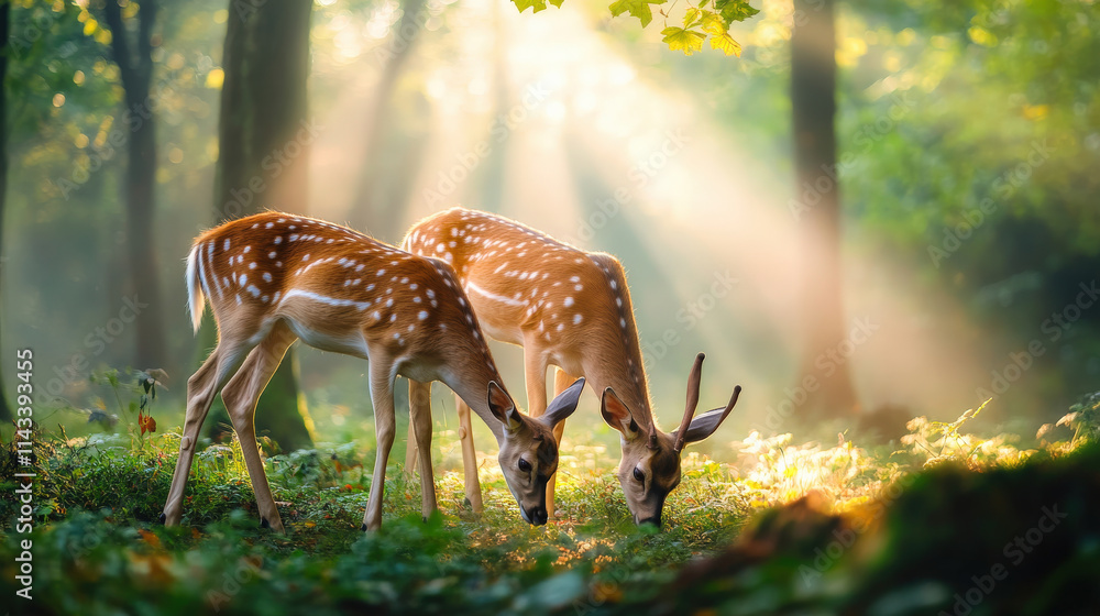 Poster two deer grazing side by side in misty forest, surrounded by soft sunlight filtering through trees, 