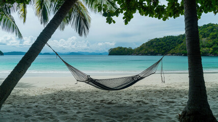 A tropical beach featuring soft white sand, turquoise water, and a hammock gently swaying between two palm trees, creating a perfect spot for relaxation and escape.
