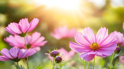 Pink Cosmos Flowers Blooming in Sunny Garden