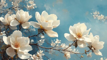 Impasto magnolia blossoms, pale blue sky.