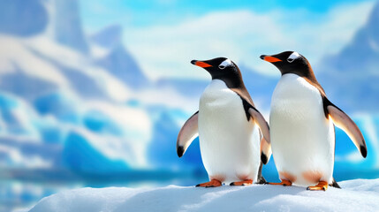 Naklejka premium Gentle penguins standing on icy terrain, showcasing their unique features and playful demeanor in serene, snowy landscape