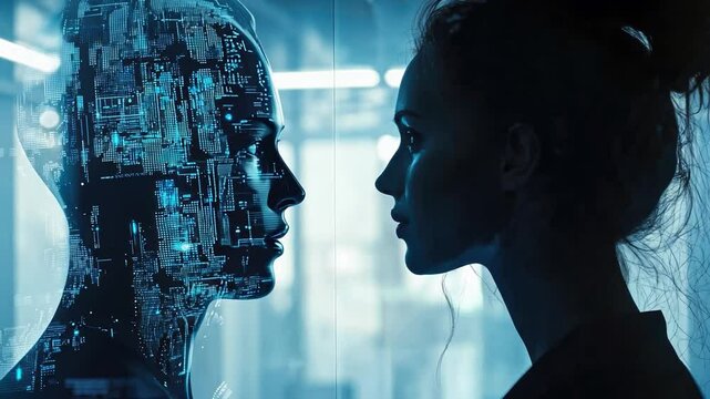 Humanity and AI: A woman faces a translucent robotic figure, their profiles mirroring each other in a captivating study of artificial intelligence and human connection.