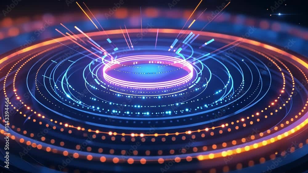 Poster glowing portal emitting bright lights and energy beams surrounded by rotating circles and bokeh effe