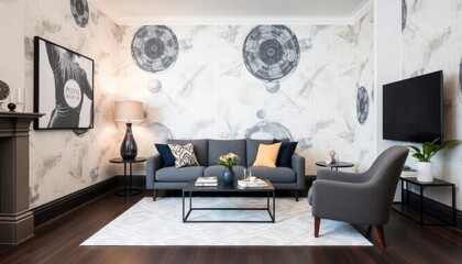 Contemporary Elegance Living Room Wallpaper with abstract and minimalist patterns. The skirting boards are painted in deep charcoal.