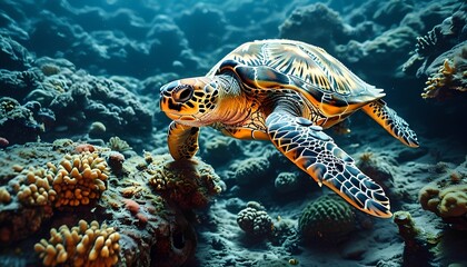Fototapeta premium Underwater adventure sea turtle exploring vibrant coral reef ocean floor marine life photography aquatic environment close-up view conservation concept