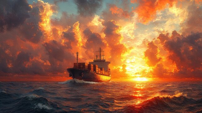 Cargo ship sails fiery sunset ocean.