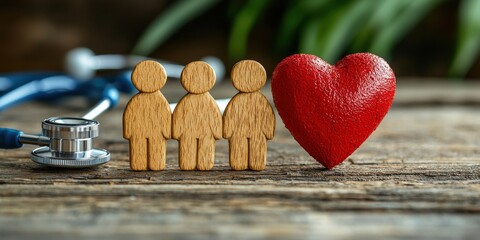 The image features wooden figures representing people alongside a red heart and a stethoscope, symbolizing health and care.