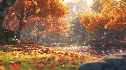 Fototapeta premium A beautiful autumn background featuring falling maple leaves, bathed in sunlight, creating a warm and inviting natural park setting with colorful foliage.
