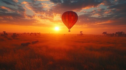 Obraz premium Hot air balloon sunrise over African savanna.