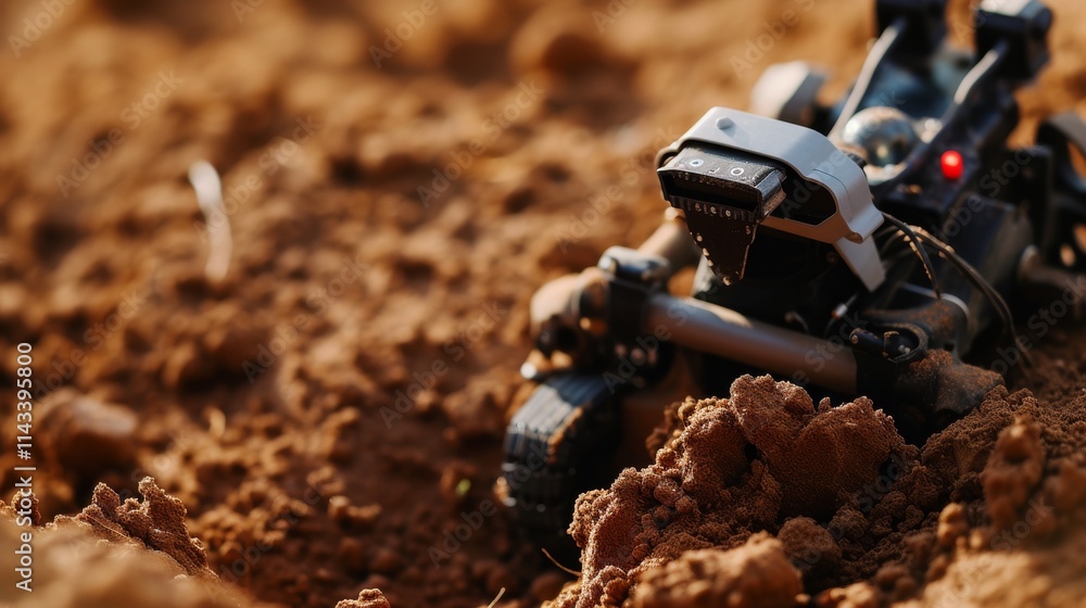 Poster close-up of a robotic farming machine traversing cultivated soil, focusing on automation and smart t