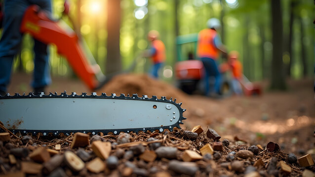 Chainsaw rests on woodchips in a sun-dappled forest, workers blurred in the background, a scene of diligent forestry work.