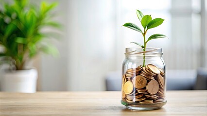 Minimalist Pension Savings: Glass Jar, Coins, Plant, White Tabletop