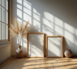 Minimalist Interior Scene with Empty Picture Frames and Warm Wood Flooring