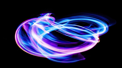 A vibrant abstract swirl of neon blue and purple light trails, creating a dynamic and futuristic effect, perfect for conveying energy, movement, and modern design aesthetics.