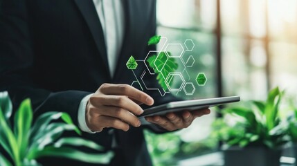 A businessman examining ESG-related icons on a tablet, representing environmental protection, net-zero carbon emissions, and green energy, in a contemporary office environment.