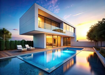 Fototapeta premium Modern Minimalist Cube House with Pool - Architectural Design, Swimming Pool, Contemporary Home, Luxury Real Estate