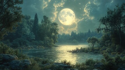 Moonlit river flows through serene, forested landscape.