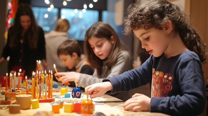 Fototapeta premium Children making Hanukkah crafts. (1)