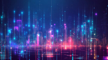 Obraz premium Modern building of architecture with neon glowing light effects, modern big and small building are arranging randomly, modern city building with glowing effect.