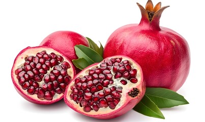 Ripe pomegranates, halved, with seeds.