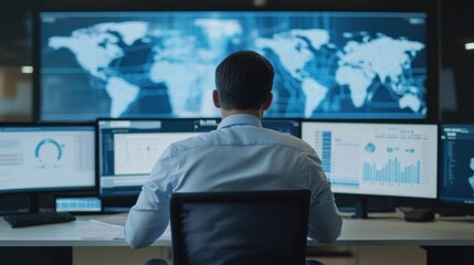 A businessman in a modern office, overseeing wireless network provider services, with digital interfaces showing global coverage and real-time performance analytics.