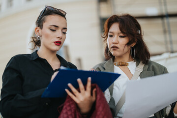 Two confident businesswomen reviewing paperwork while engaged in conversation outdoors. They appear focused and professional, collaborating on a project or agreement in a modern business environment.