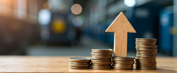 Stacks of coins ascending, a wooden arrow points upward.  Financial growth, wealth increase, investment success visualized.