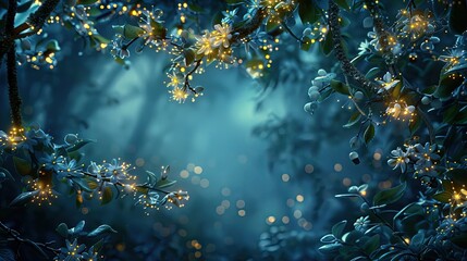 Mystical twilight forest scene with glowing flowers and bokeh lights.