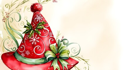 Illustration of a Christmas hat in watercolor. This picture is ideal for invites or Christmas cards. A red and green watercolor illustration of a winter holiday hat.