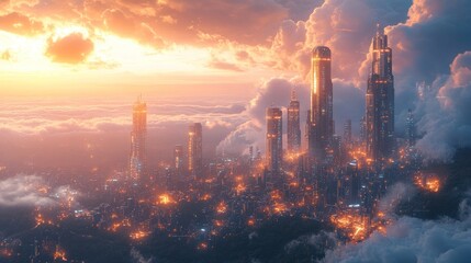 Fototapeta premium Futuristic city glowing amidst sunset clouds.