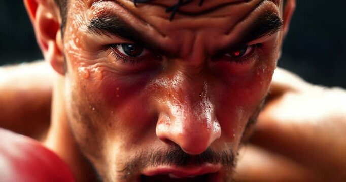 High-resolution stock video of an extreme macro close-up of a male boxer training small subject detail, commercial quality, sharp focus, sweat droplets visible on skin, intense facial expression.