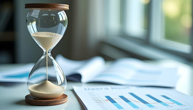 Time is Money: An hourglass sits on financial reports, symbolizing the fleeting nature of time and the importance of efficient financial management.  Invest wisely!