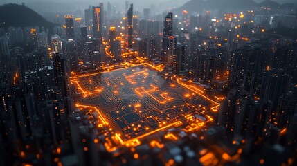 Obraz premium Futuristic city integrated with glowing circuit board.
