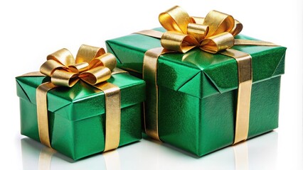 Obraz premium Panoramic Emerald Green Gift Boxes with Golden Ribbons - Festive Holiday Scene PNG