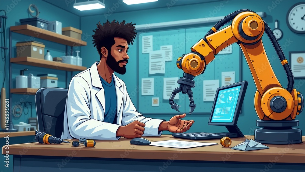 Poster the image shows a man sitting at a desk in a laboratory. he is wearing a white lab coat and has a be