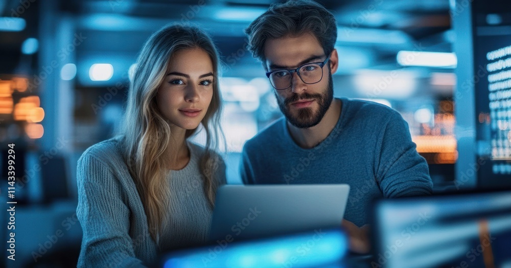 Poster collaborative engineers analyzing artificial intelligence software in modern tech office