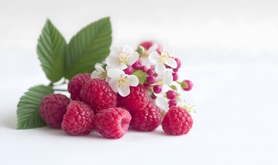 Raspberries with small flowers and green leaves on a white background.