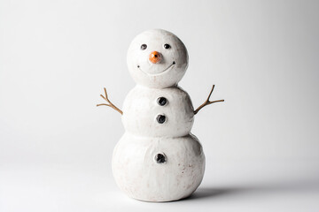 Selective focus snowman with snowball, twig and carrot isolated on white background, Portrait of white snow man on white.