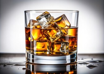 Panoramic Whiskey Photography: Old Fashioned Glass, Ice Cubes, White Background