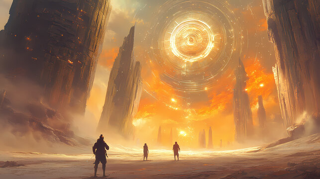 Travelers observing cosmic chrono synclastic infundibulum portal at surreal alien architecture. Chronos. Illustration